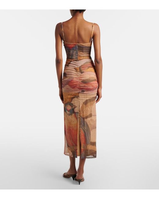 Sir Brown Draped Printed Mesh Midi Dress