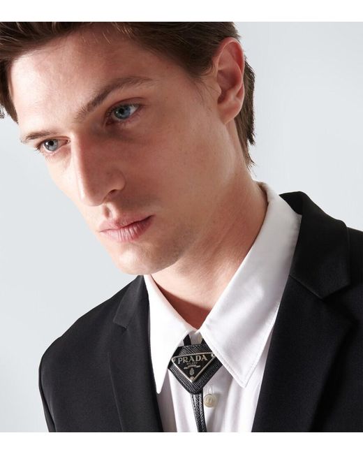 Prada Blue Saffiano Triangle Bolo Tie With Logo for men