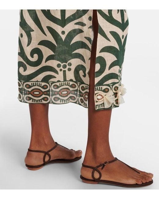 Johanna Ortiz Green Printed Linen Midi Dress