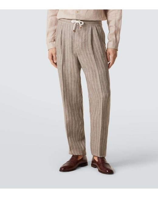 Brunello Cucinelli Natural Chalk Stripe Linen Twill Tapered Pants for men