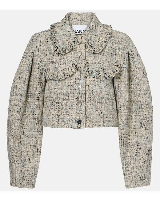 Ganni Blue Cropped Cotton Tweed Jacket