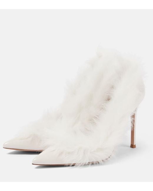 Gianvito Rossi White Jenny Shearling-Trimmed Patent Leather Pumps