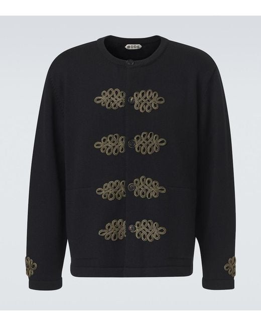 Bode Blue Looped Frog Embroidered Wool Cardigan for men