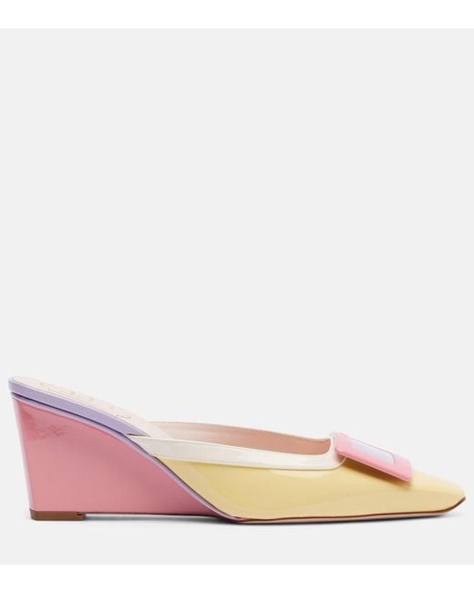 Roger Vivier Pink Belle Vivier 60 Patent Leather Wedge Mules