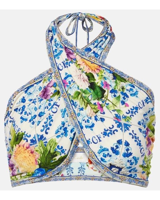 Camilla Blue Crystal-Embellished Halterneck Wrap Top