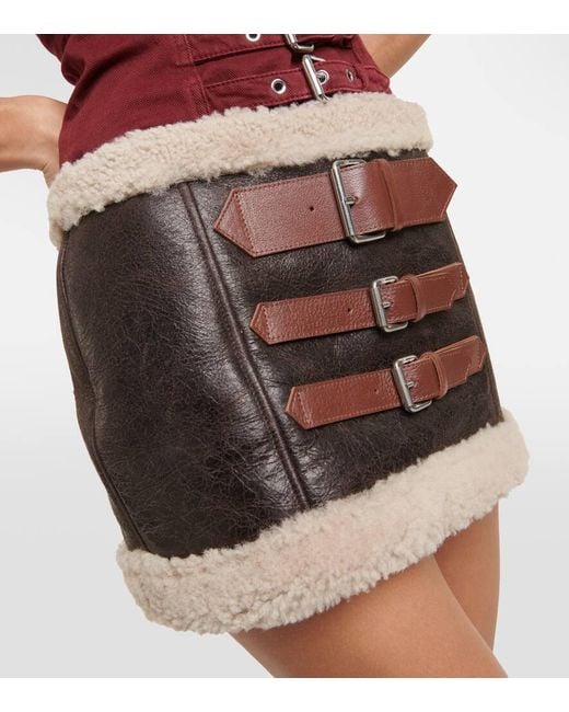 Blumarine Brown Minirock Aus Leder Mit Shearling