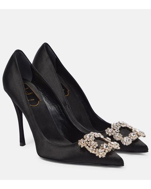 Roger Vivier Black Flower Strass Satin Pumps