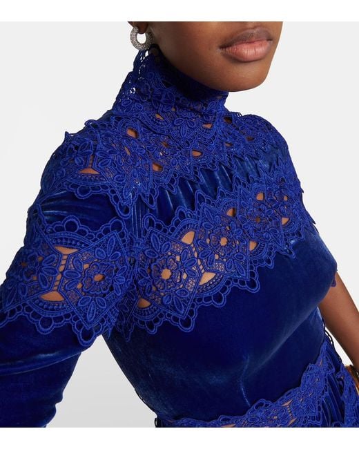 Costarellos Blue Lissie Lace And Velvet Gown