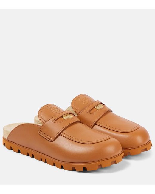 Miu Miu Brown Logo Leather Mules