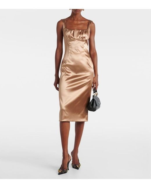 Dolce & Gabbana Brown Pleated Satin Midi Dress