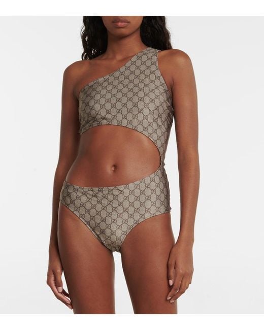 Gucci Gray GG Cutout One-shoulder Swimsuit