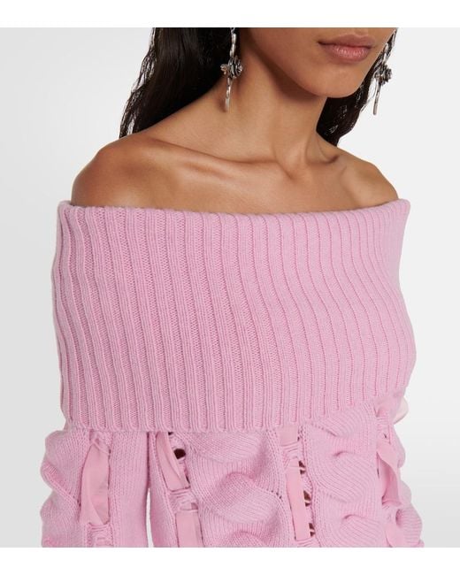 Blumarine Pink Rushed Off-Shoulder Wool Sweater