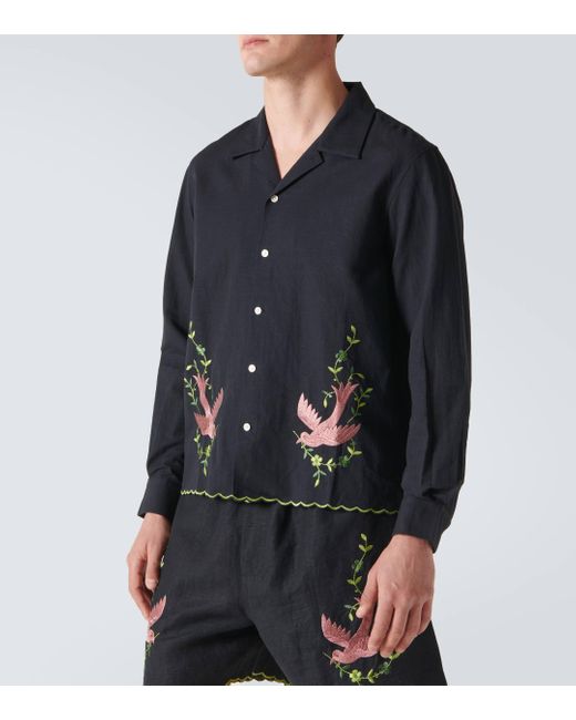 Bode Blue Rosefinch Embroidered Linen Shirt for men
