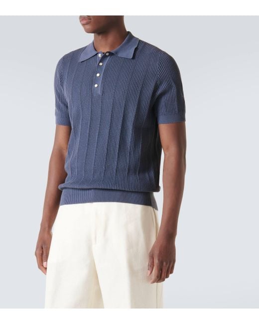 Brunello Cucinelli Blue Ribbed-knit Cotton Polo Shirt for men