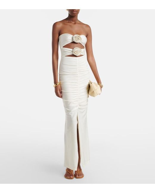Adriana Degreas White Cutout Floral-Applique Ruched Maxi Dress