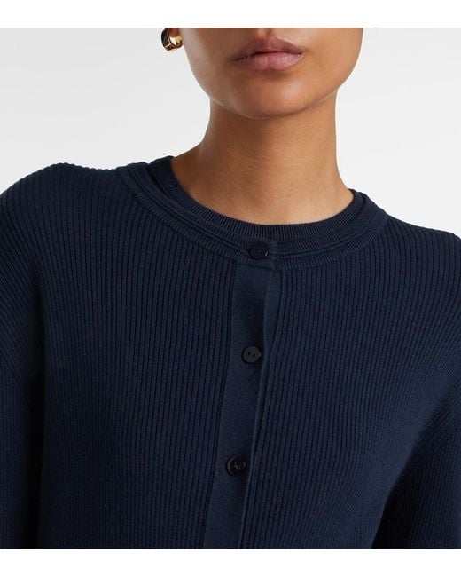 Lisa Yang Blue Abeena Ribbed-Knit Cotton And Cashmere Cardigan