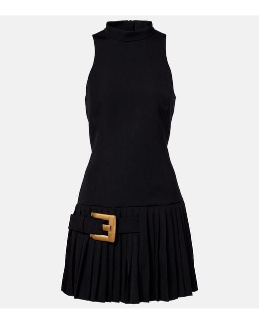 Balmain Black Pleated Virgin Wool Minidress