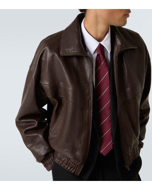 Saint Laurent Brown Leather Bomber Jacket for men