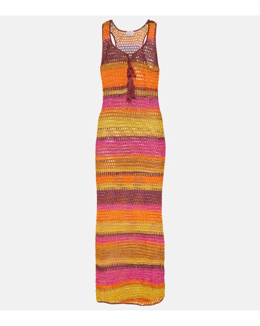 Anna Kosturova Orange Striped Crochet Cotton Maxi Dress