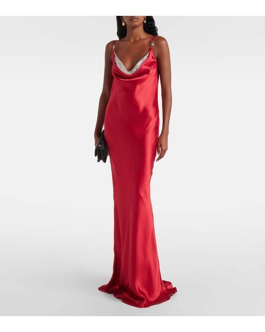 Versace Red Robe Aus Seidensatin Mit Pailletten Und Raffungen