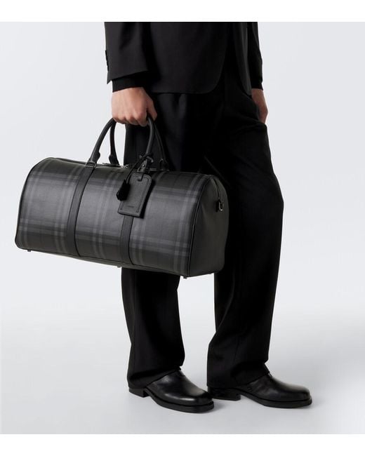 Burberry Black Check Leather-Trimmed Duffel Bag for men