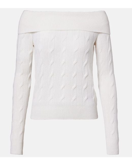 Ralph Lauren White Cable-Knit Off-Shoulder Cashmere Sweater