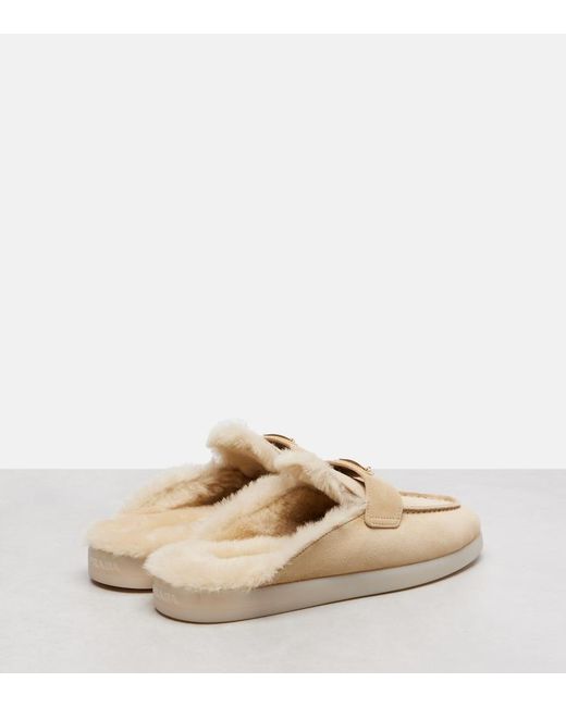 Prada Natural Shearling-Lined Suede Mules