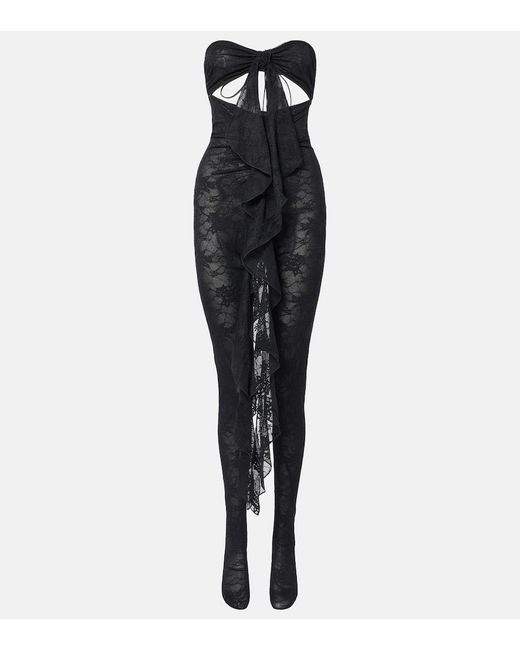 Oseree Black Ruffled Cutout Lace Catsuit