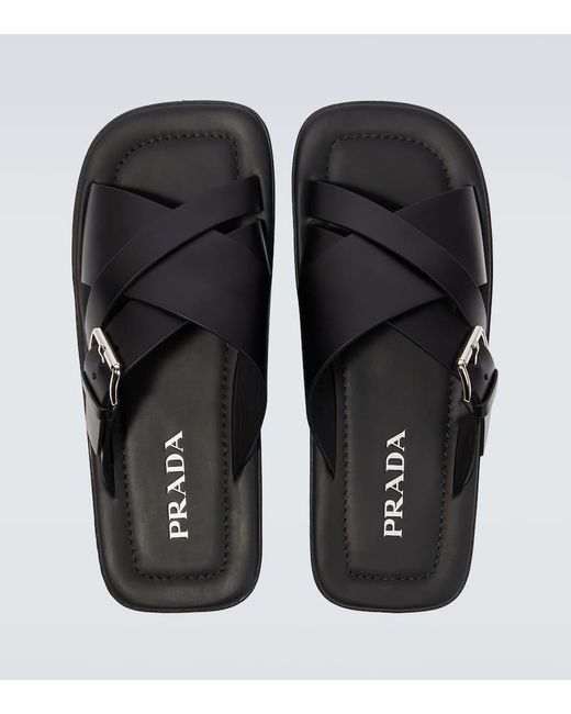 Prada Black Brushed Double Crisscross Sandals for men
