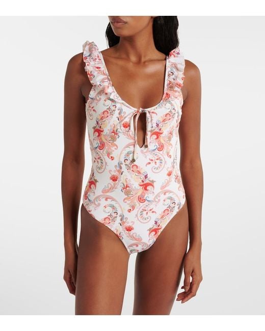 Etro White Ruffled Paisley Swimsuit