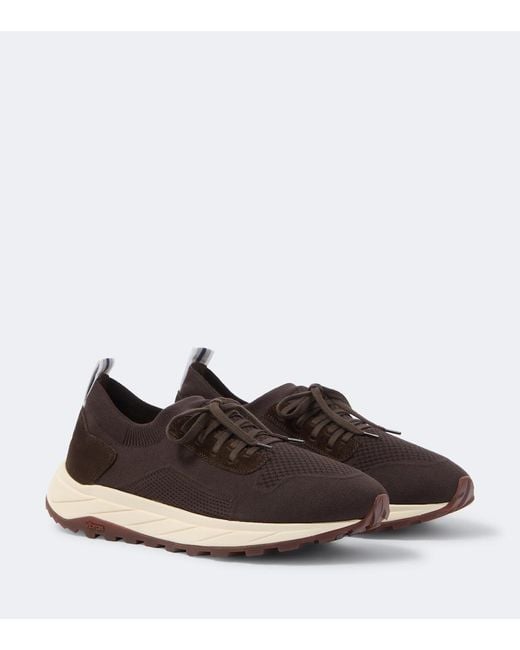 Fedeli Brown Knitted Suede-Trimmed Sneakers for men