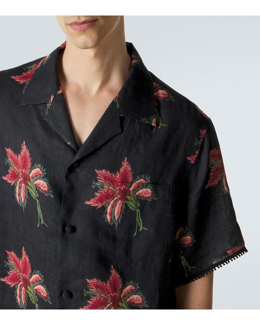 Valentino Black Floral Lace-Trimmed Linen Bowling Shirt for men