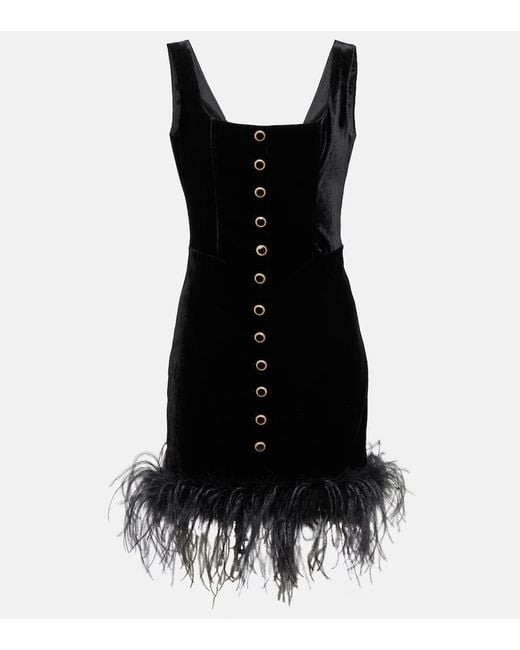 Alessandra Rich Black Velvet Mini Dress With Ostrich Feathers