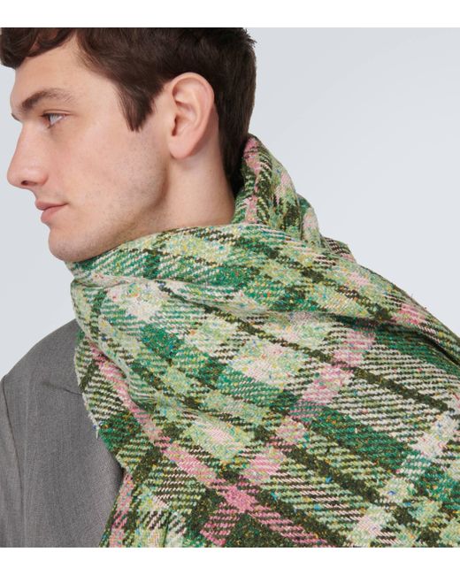 Acne Green Fringed Checked Scarf for men