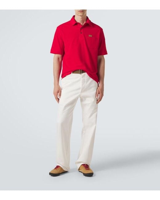 Moncler Red Leather-Trimmed Cotton Pique Polo Shirt for men