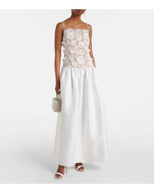 Self-Portrait White Bow-Detail Lace And Satin Maxi Dress