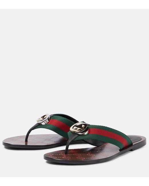 Gucci Multicolor GG Web Leather Thong Sandals