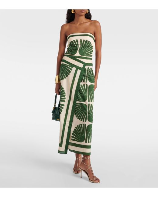 Johanna Ortiz Green Printed Strapless Cotton Maxi Dress