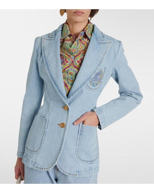 Etro Blue Embroidered Denim Blazer