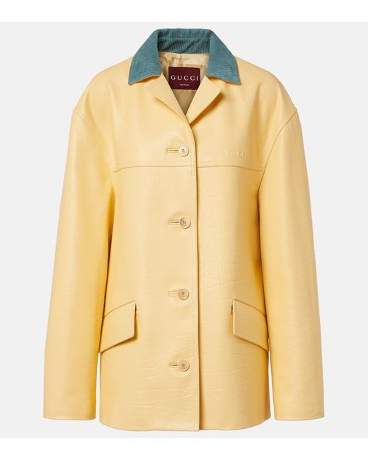 Gucci Yellow Logo Corduroy-Trimmed Leather Jacket