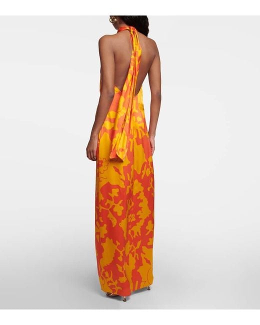 Vestido Largo De Seda Estampado Sir de color Orange