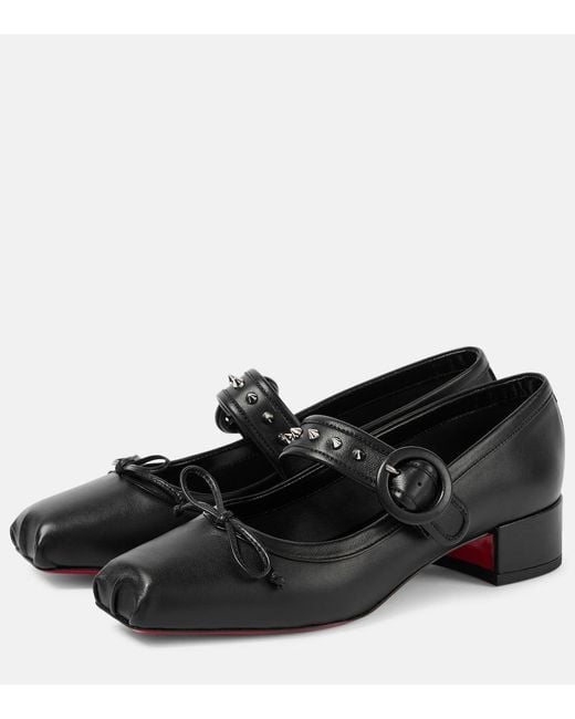 Christian Louboutin Black Mamastrapita Spikes Leather Mary Jane Flats