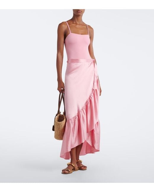 Eres Pink Conversion Silk Satin Midi Skirt