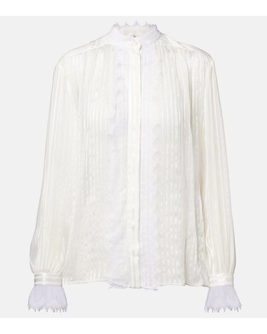 Chloé White Gathered Lace-Trimmed Silk Blouse