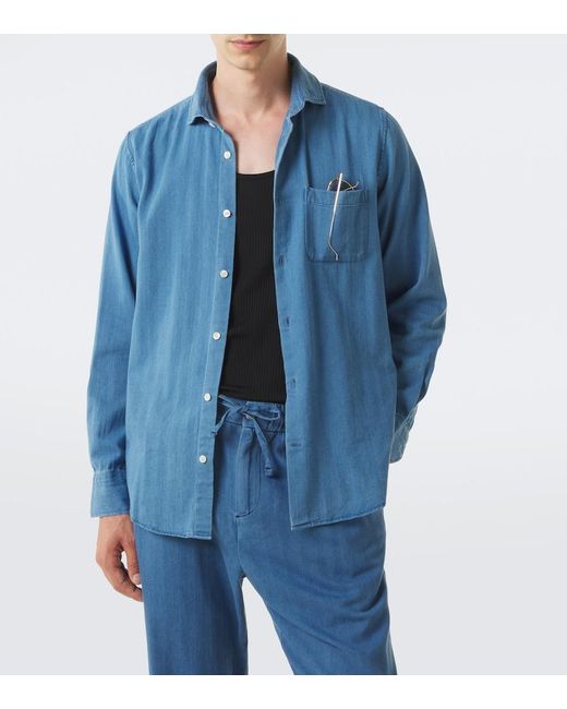 Frescobol Carioca Blue Emilio Herringbone Denim Shirt for men