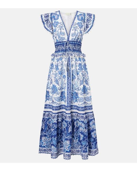 Farm Rio Blue Floral Tiered Cotton Maxi Dress