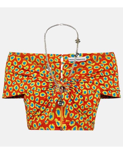 Rabanne Orange Printed Strapless Crop Top