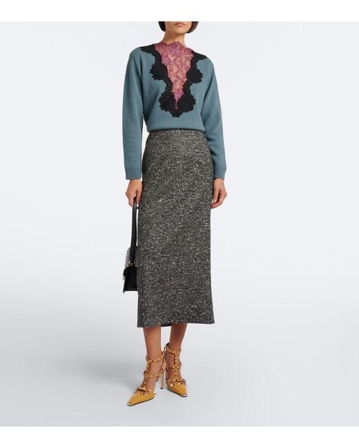 Valentino Gray Chevron Wool-Blend Boucle Pencil Skirt