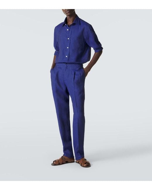 Rubinacci Blue Linen Tapered Pants for men