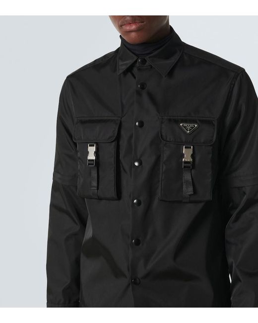 Camicia nera in re-nylon con logo di Prada in Black da Uomo